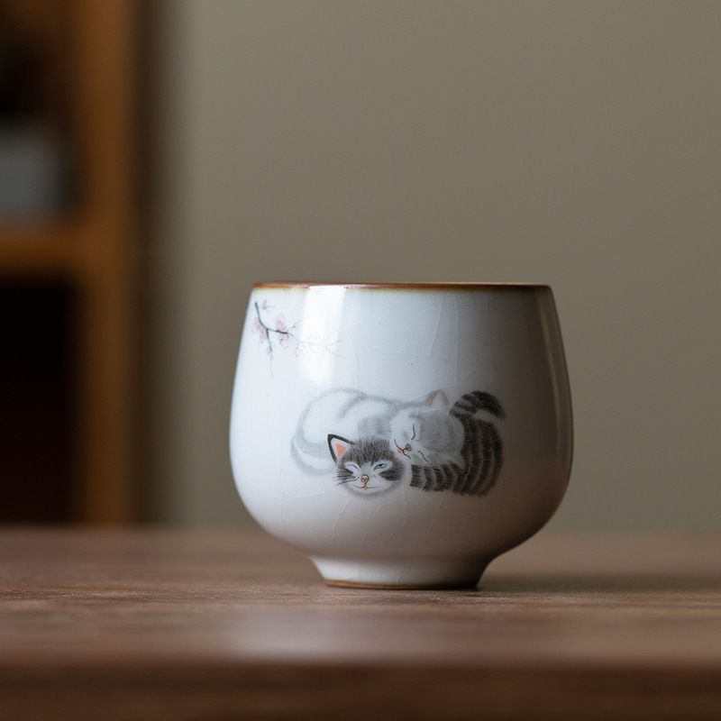 Cốc uống trà sứ men rạn cao cấp họa tiết mèo dễ thương (cốc trà thiền)