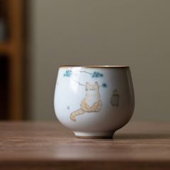 Cốc uống trà sứ men rạn cao cấp họa tiết mèo dễ thương (cốc trà thiền)