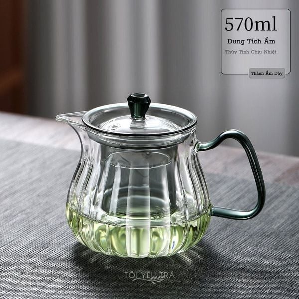 Ấm pha trà thủy tinh quai ấm màu xanh có lõi lọc trà tiện dụng dung tích 570ml