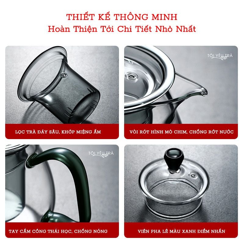 Ấm pha trà thủy tinh quai ấm màu xanh có lõi lọc trà tiện dụng dung tích 570ml