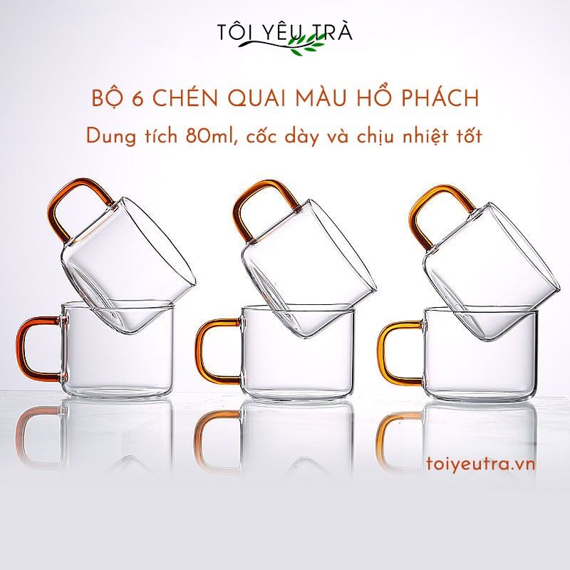 Bộ Chén Thủy Tinh Uống Trà 6 Cái Quai Màu Hổ Phách