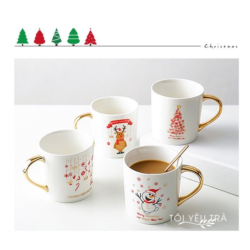 Cốc Gốm Sứ Uống Trà, Cà Phê Họa Tiết Giáng Sinh Quai Vàng Độc Đáo - 300ml