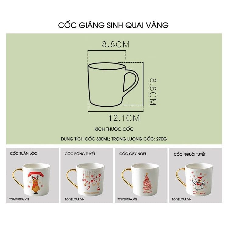 Cốc Gốm Sứ Uống Trà, Cà Phê Họa Tiết Giáng Sinh Quai Vàng Độc Đáo - 300ml