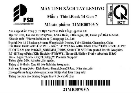  Laptop Lenovo ThinkBook 14 Gen 7 21MR0070VN Ultra 7 155U| 32GB| 1TB| OB| 14