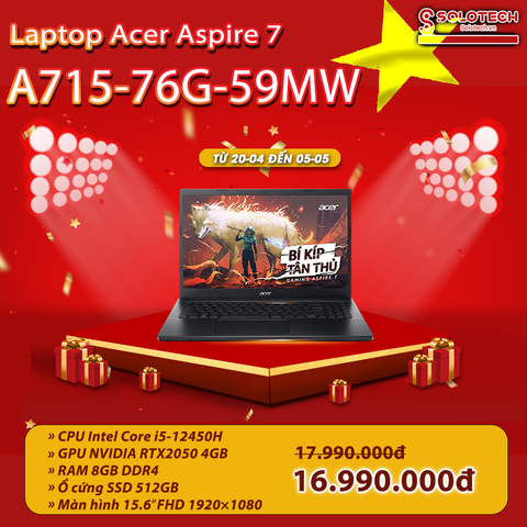  Laptop Acer Aspire 7 A715-76G-59MW NH.QMYSV.001 i5-12450H| 8GB| 512GB| RTX2050 4GB| 15.6