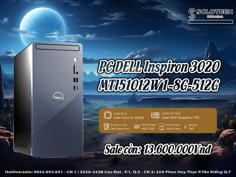  Máy Tính Để Bàn PC DELL Inspiron 3020 MTI51012W1-8G-512G i5-13400| 8GB| 512GB| OB| Wifi,BT| Win11 