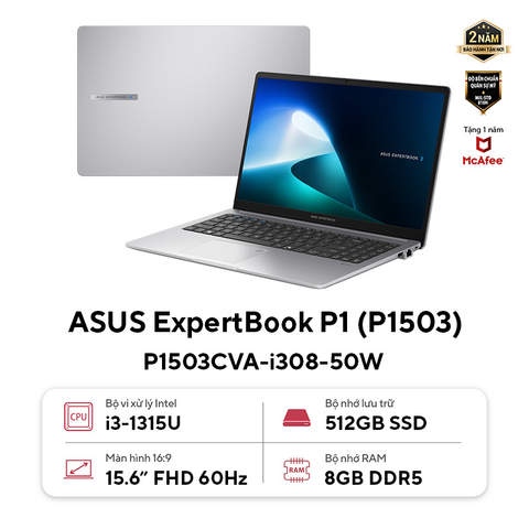  Laptop ASUS ExpertBook P1 P1503CVA-i308-50W i3-1315U| 8GB| 512GB| OB| 15.6