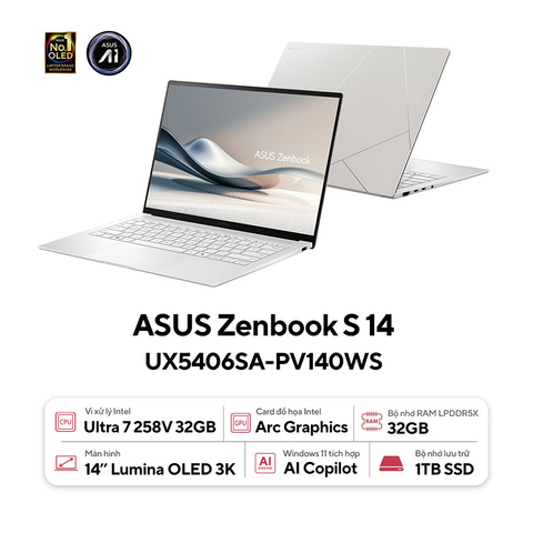  Laptop ASUS ZenBook S 14 OLED UX5406SA-PV140WS Ultra U7-258V| 32GB| 1TB| OB| 14