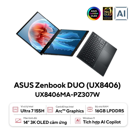  Laptop ASUS ZenBook Duo OLED UX8406MA-PZ307W Ultra 7 155H| 16GB| 512GB| OB| 2x 14