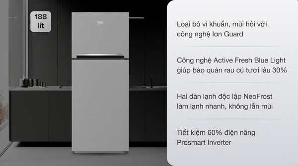 Tủ lạnh Beko Inverter 188 lít RDNT200I50VS