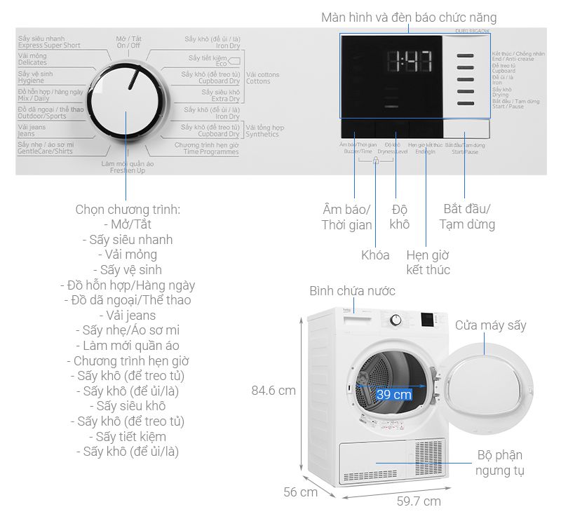 Máy sấy ngưng tụ Beko 8 Kg DU8133GA0W