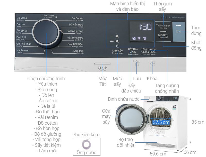 Máy sấy bơm nhiệt Electrolux 8 kg EDH804H5WB