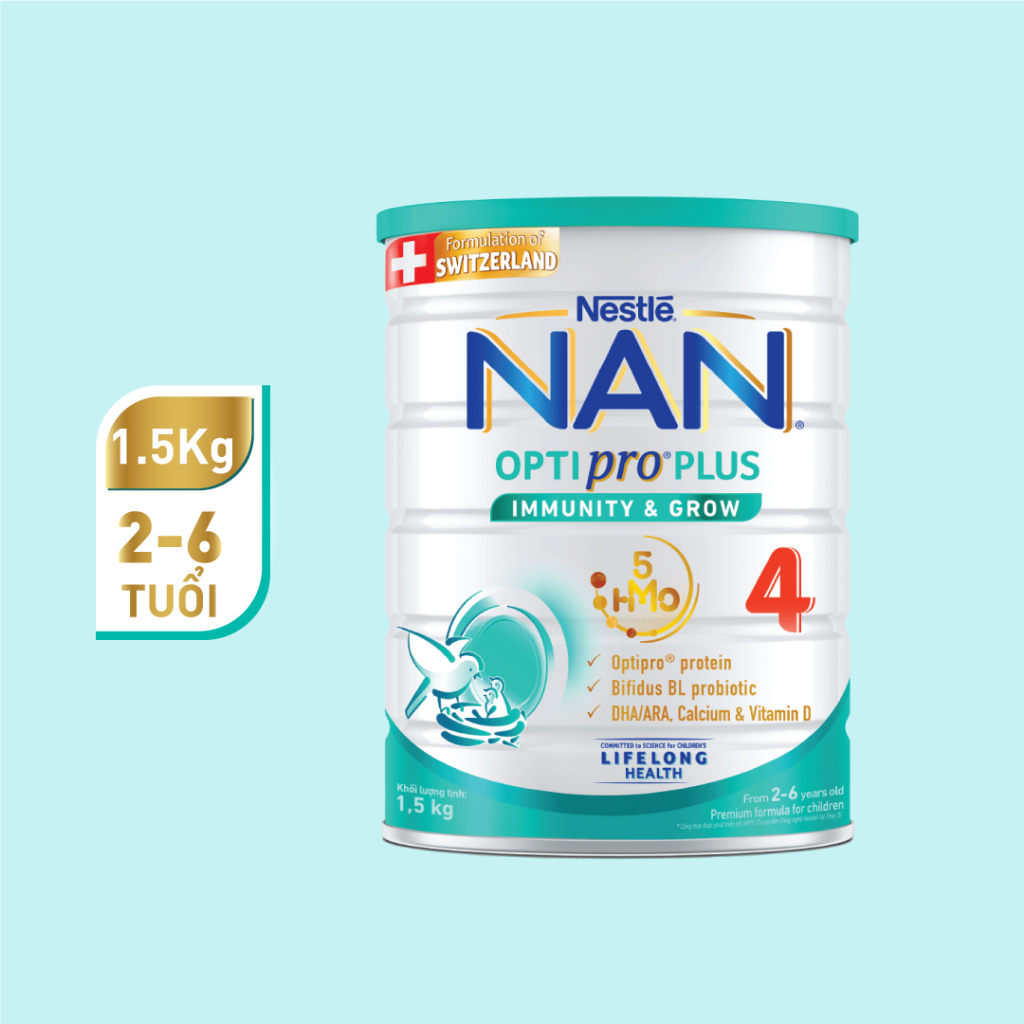 Sữa bột Nestlé NAN OPTIPRO PLUS 4 1500g với 5HMO giúp tiêu hóa tốt