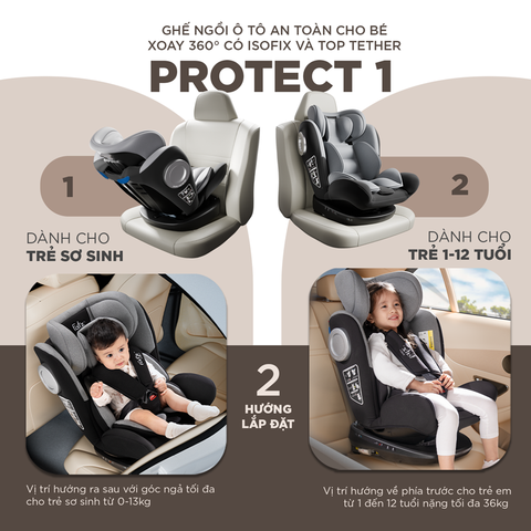Ghế ngồi ô tô cho bé Fatzbaby Protect 1 - An toàn cho bé, xoay 360 độ, có ISOFIX và TOP TETHER