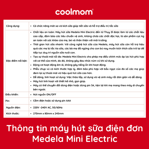 Máy hút sữa điện đơn Medela Mini Electric