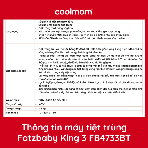 Máy tiệt trùng bình sữa Fatzbaby KING 3 UVC LED FB4733BT