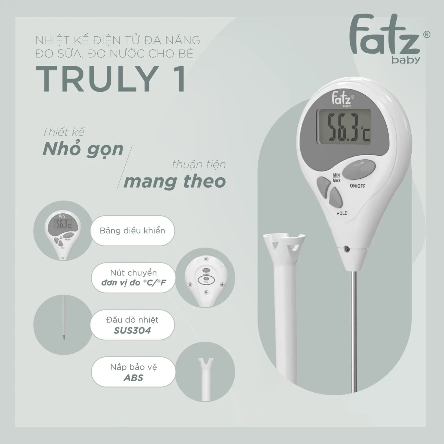 Nhiệt kế điện tử đa năng đo sữa, đo nước cho bé Fatzbaby Truly 1