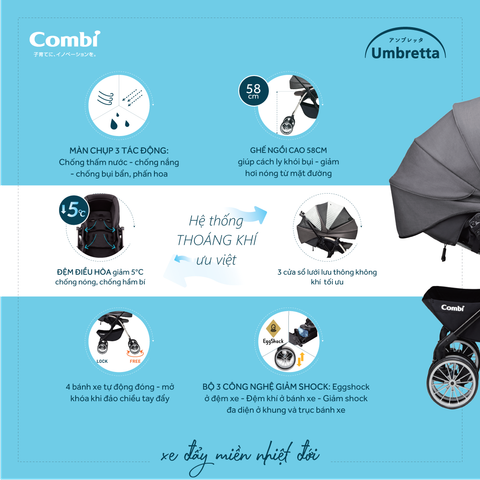 Xe đẩy cho bé Combi Umbretta (2 chiều - Màu Nâu Kaki)