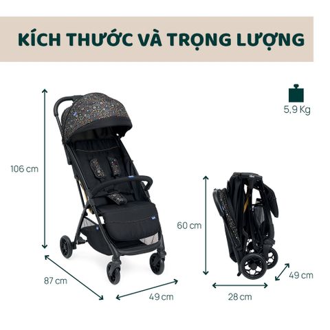 Xe đẩy cho bé Chicco Glee (1 chiều - Màu đen có hoạ tiết)