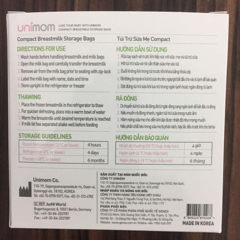 Túi trữ sữa Unimom Compact hộp 60 túi dung tích 210ml
