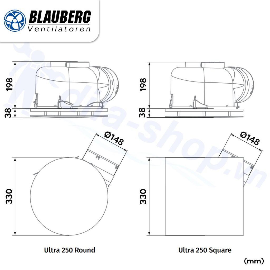 Quạt thông gió gắn trần BLAUBERG - Ultra 250 mặt bích vuông - Hàng Nhập Khẩu