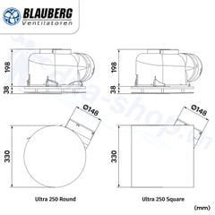 Quạt thông gió gắn trần BLAUBERG - Ultra 250 mặt bích vuông - Hàng Nhập Khẩu