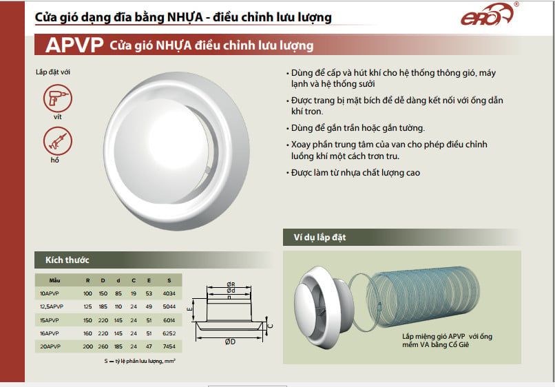 Cửa gió NHỰA điều chỉnh lưu lượng - ERA - 10APVP/ 12.5APVP/ 15APVP/ 20