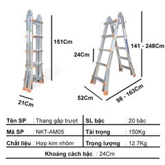 Thang nhôm gấp trượt đa năng chữ A NIKITA - AM03/ AM04/ AM05 - 1 cái/ thùng