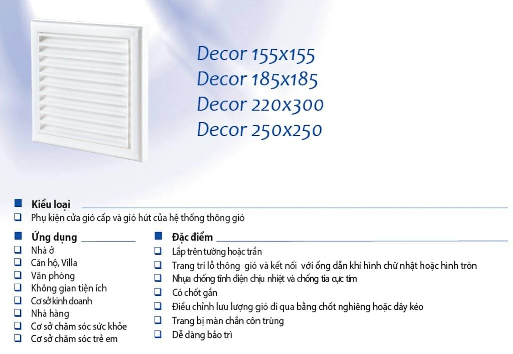 Cửa gió louver nhựa vuông (có lưới côn trùng) BLAUBERG - DECOR 155*155s - 185*185s - 220*300s - 250*250s - Hàng nhập khẩu chính hãng