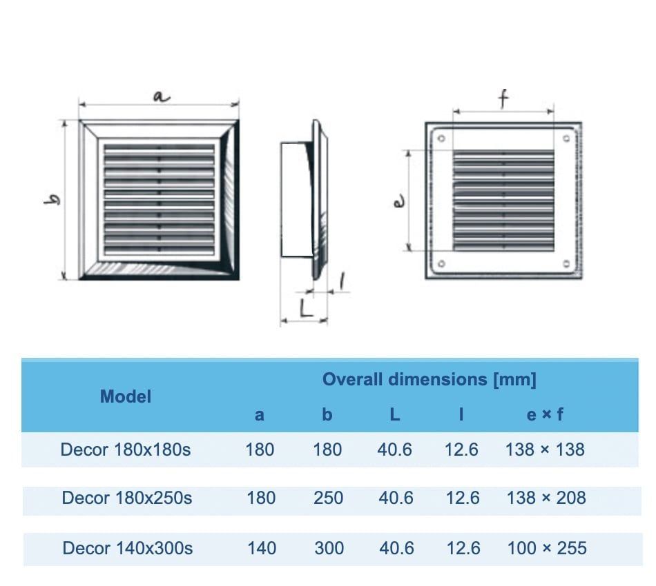 Cửa gió louver nhựa chữ nhật âm tường (có lưới côn trùng) BLAUBERG - DECOR 180*250s - 140*300s - 180*180s - Hàng nhập khẩu chính hãng