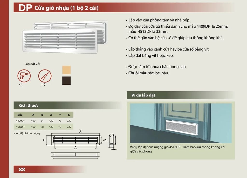 Miệng gió louver nhựa chữ nhật gắn cửa (2 cái/ bộ) ERA - 4513DP (Đôi) - Hàng Nga nhập khẩu chính hãng