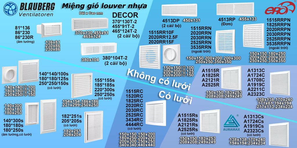 Cửa gió vuông nhựa AURAMAX - ARs (Có lưới) - Hàng Nga nhập khẩu chính hãng