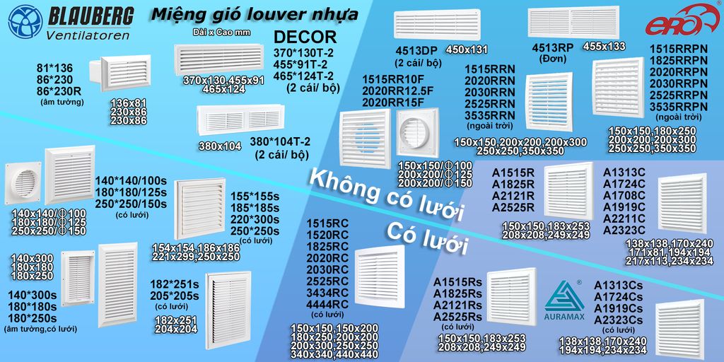 Cửa gió vuông nhựa AURAMAX - AC (Không có lưới) - Hàng Nga nhập khẩu chính hãng