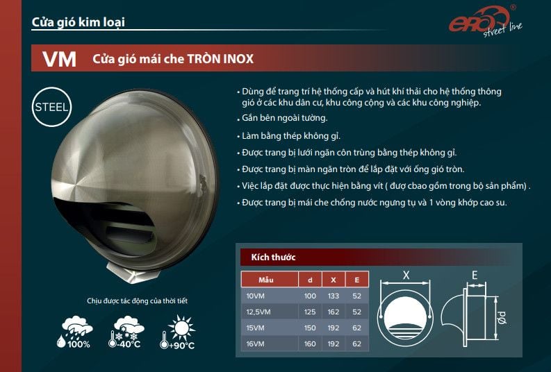Chụp thông hơi inox D100/125/150 Vent Cap  ERA - VM - Hàng Nga nhập khẩu chính hãng