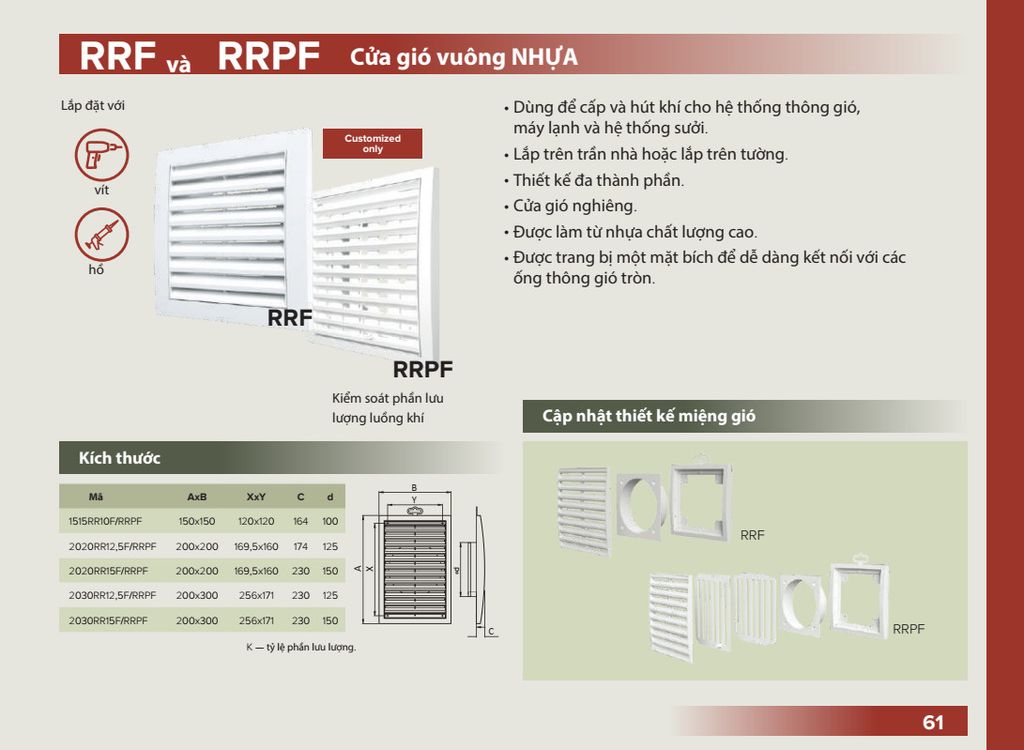 Cửa gió nhựa vuông mặt bích tròn ERA - RRF - Hàng Nga nhập khẩu chính hãng