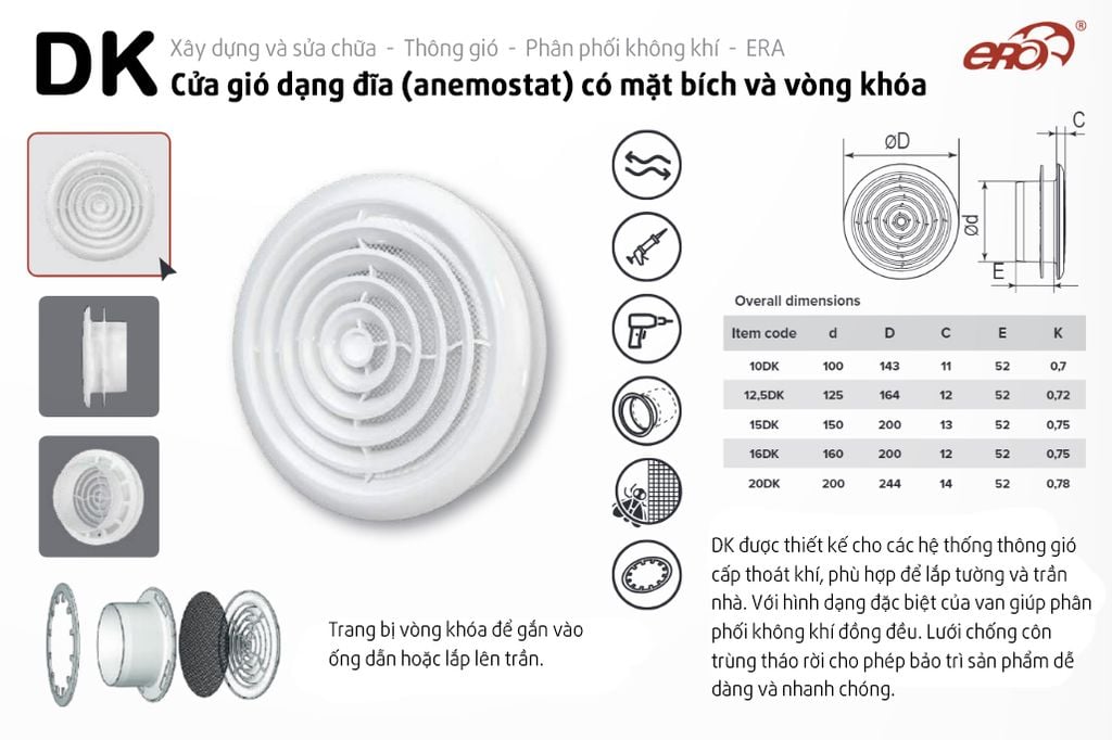 Cửa gió khuếch tán nhựa tròn (có lưới côn trùng) ERA - DK - Hàng Nga nhập khẩu chính hãng