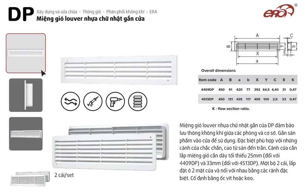 Miệng gió louver nhựa chữ nhật gắn cửa (2 cái/ bộ) ERA - 4513DP
