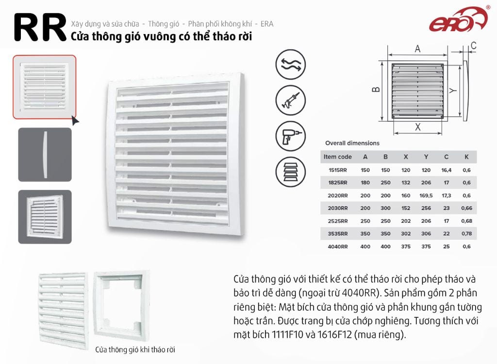 Cửa gió vuông NHỰA ERA - RR - Hàng Nga nhập khẩu chính hãng