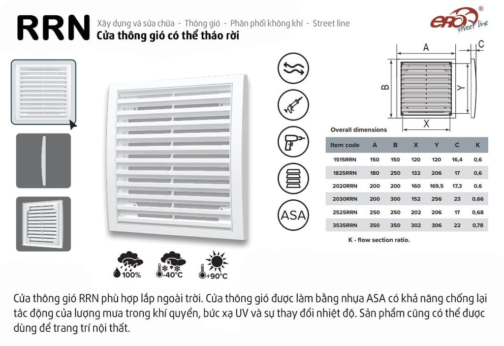 Miệng gió louver nhựa vuông ngoài trời ERA - RRN - Hàng Nga nhập khẩu chính hãng