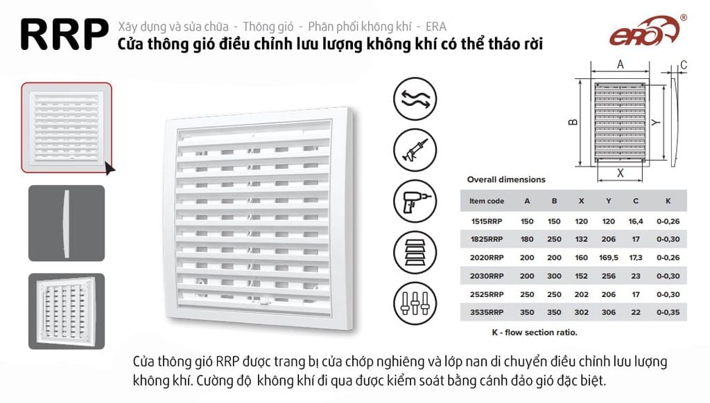 Cửa gió vuông NHỰA ABS đ/c lưu lượng ERA - RRP - Hàng Nga nhập khẩu chính hãng
