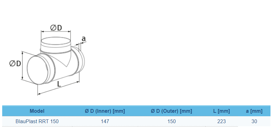 Co nối ống tròn chữ T ống gió BLAUBERG - BlauPlast RRT 150 - Hàng nhập khẩu chính hãng