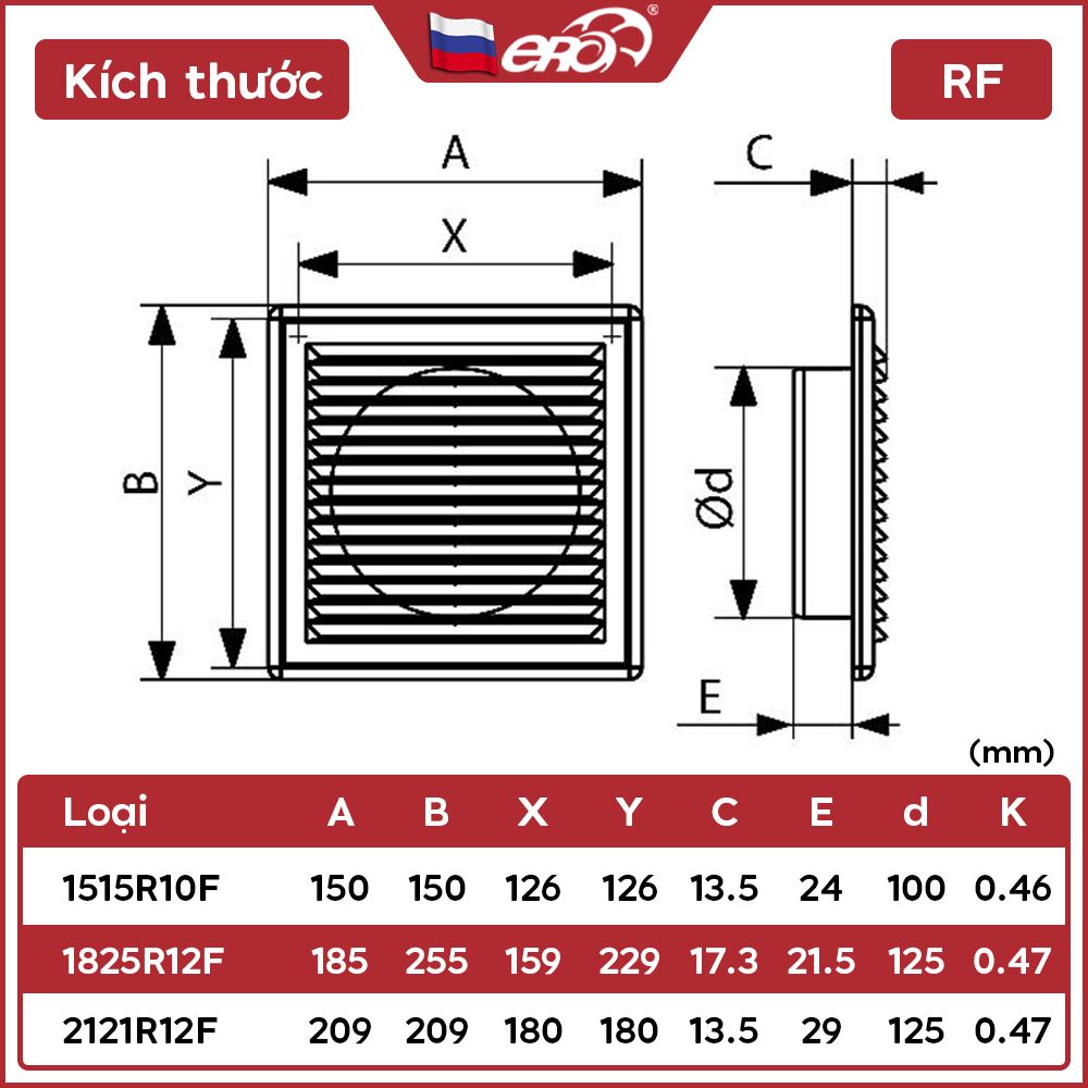 Cửa gió vuông nhựa mặt bích tròn gắn ống ERA - RF - Hàng Nga nhập khẩu chính hãng