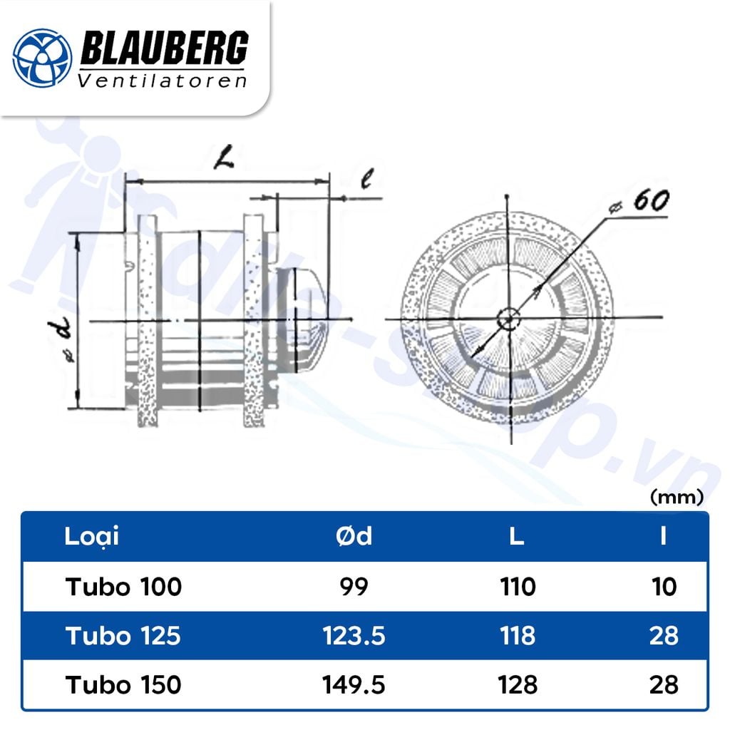 Quạt HT gắn ống gió Ukraine- Blauberg - có chân đế + Timer- Tubo-U 100