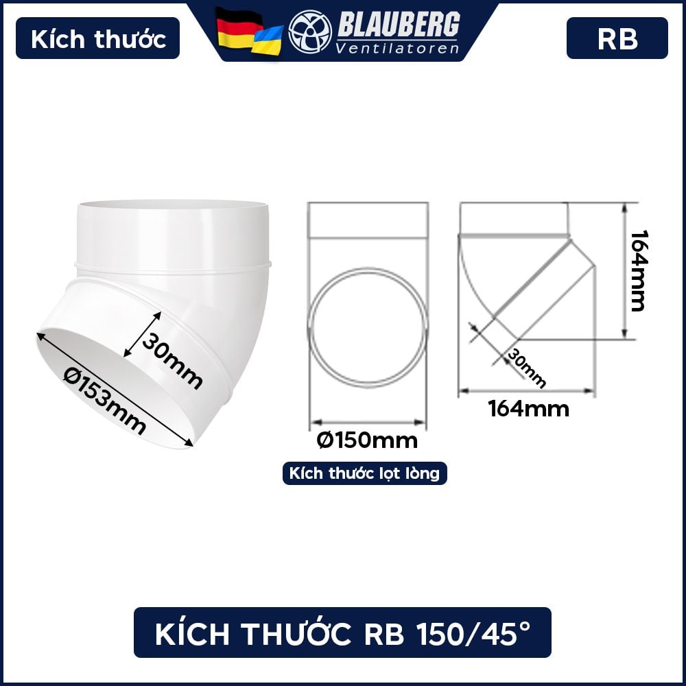 Co 45 độ ống gió BLAUBERG - 150mm  - RB 150/45 - Hàng nhập khẩu chính hãng