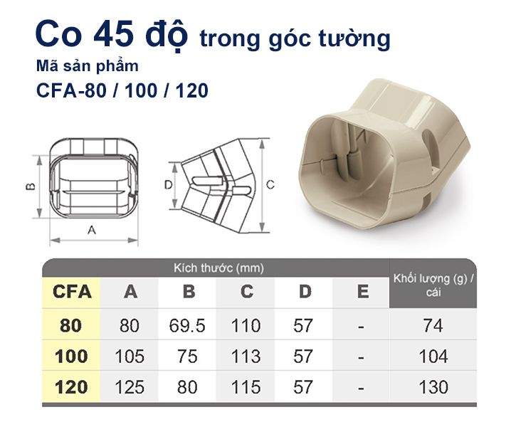 Trunking Nhựa Fineduct Co 45 Độ Trong Góc Tường Màu Ngà CFA - 80/100/120 [Hộp che ống đồng máy lạnh / Air Conditioner Line Set cover]