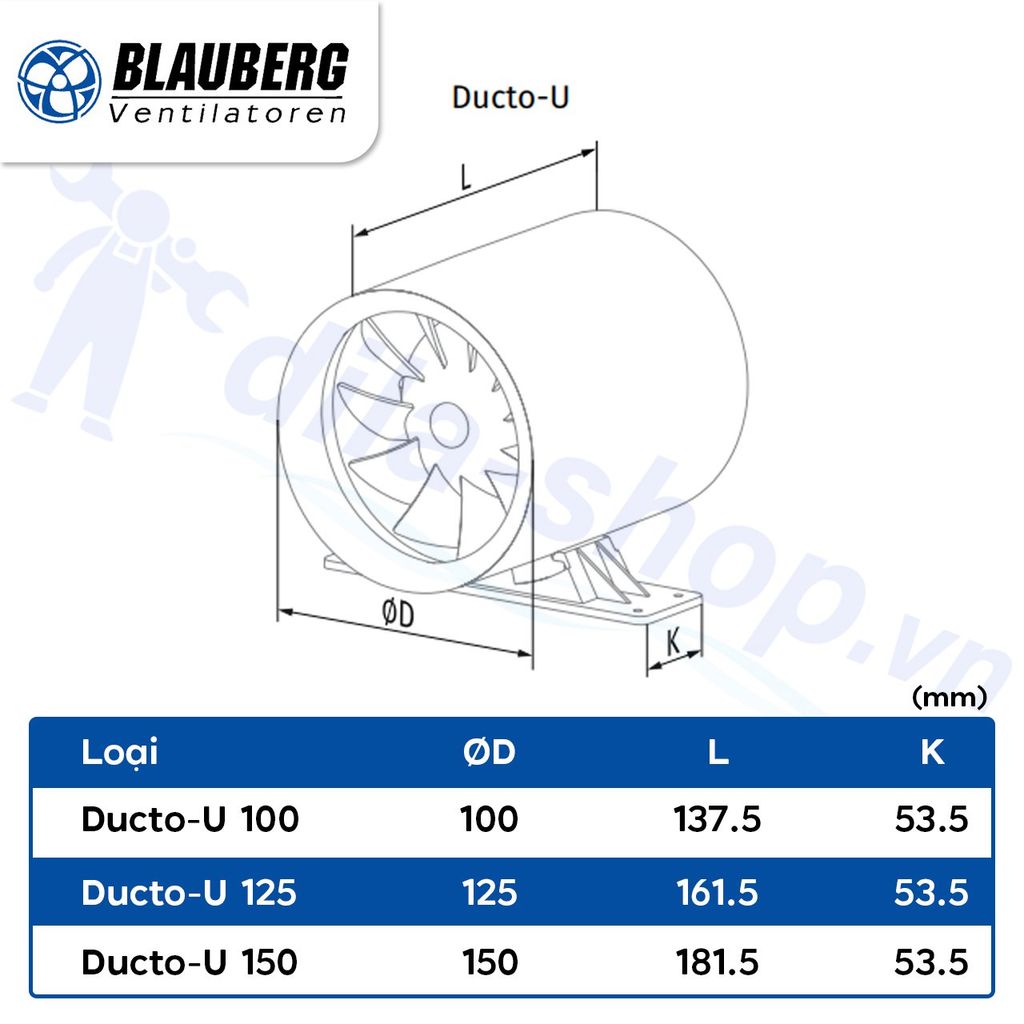 Quạt hút nối ống (có chân đế) BLAUBERG - DUCTO-U - Hàng nhập khẩu chính hãng