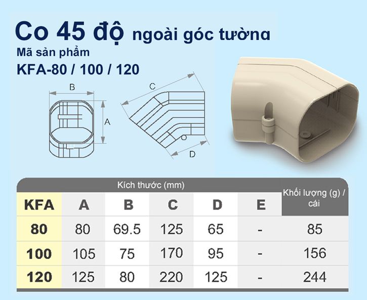 Trunking Nhựa Fineduct Co 45 Độ Ngoài Góc Tường Màu Ngà KFA - 80/100/120 [Hộp che ống đồng máy lạnh / Air Conditioner Line Set cover]