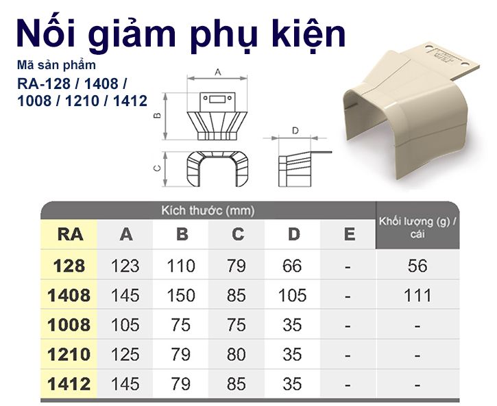 Trunking Nhựa Fineduct Nối Giảm Màu Ngà RA - 128/1408 (1008/1210/1412) [Hộp che ống đồng máy lạnh / Air Conditioner Line Set cover]