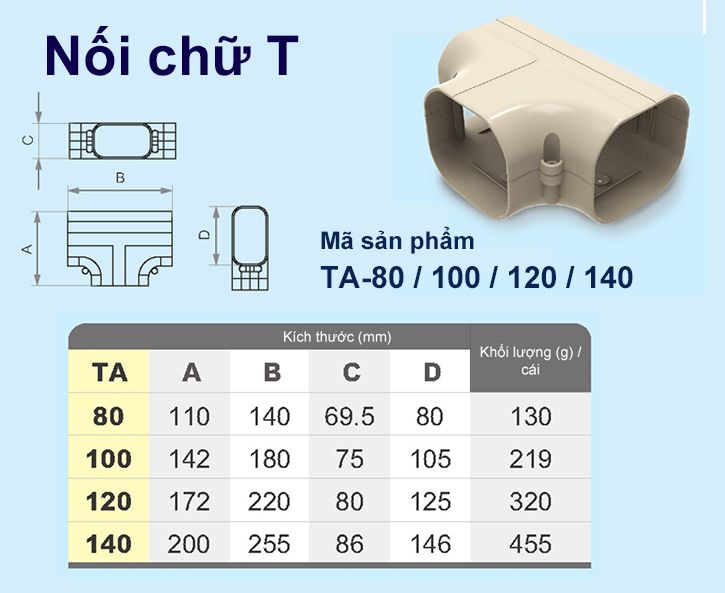 Trunking Nhựa Fineduct Nối Chữ T Màu Ngà TA - 80/100/120/140 [Hộp che ống đồng máy lạnh / Air Conditioner Line Set cover]