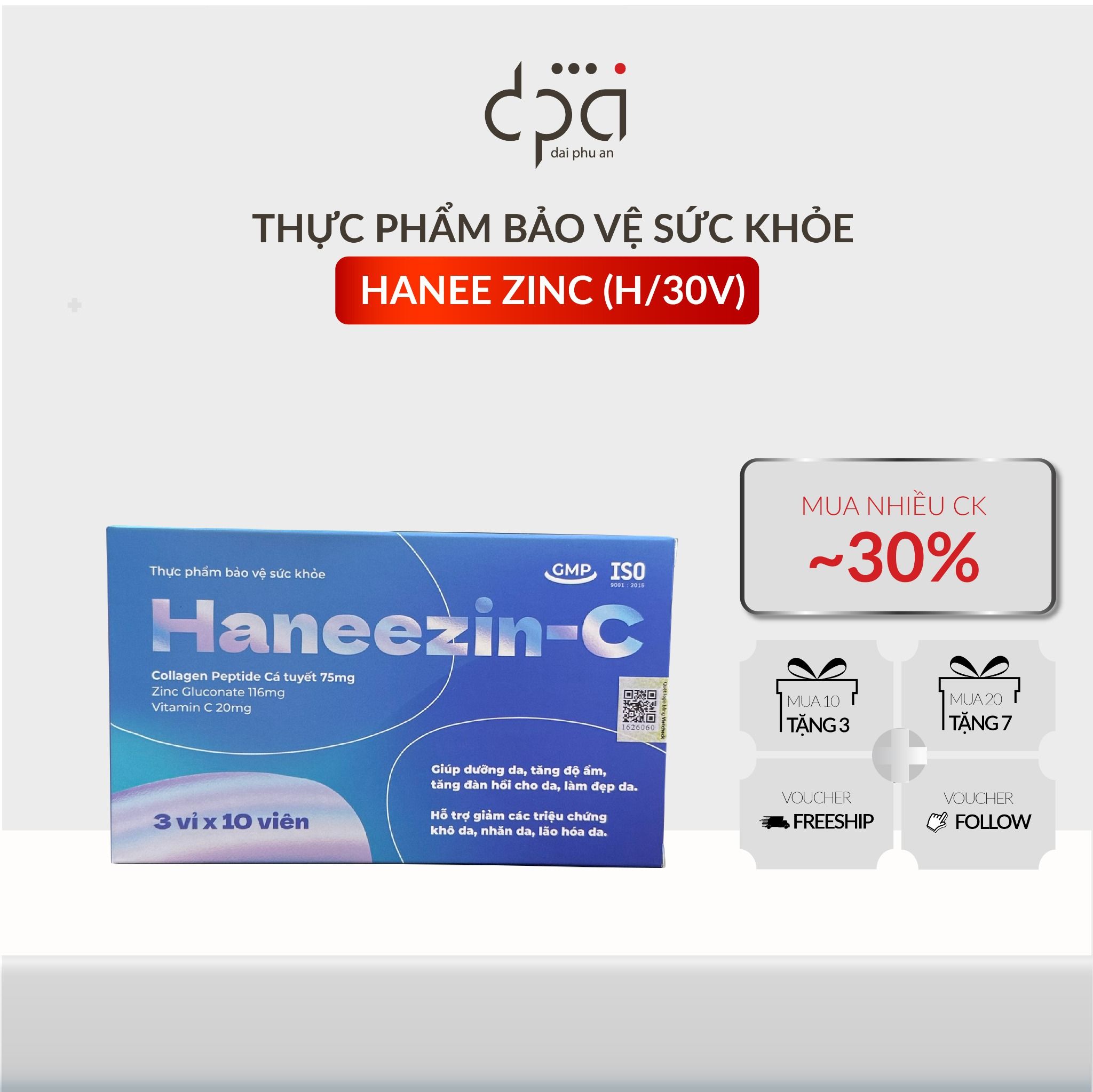  [Nhập mã OFF5K giảm 5k] Collagen Peptide Haneezin C giúp giảm khô da, nhăn da, lão hóa da (Hộp/30 viên) 